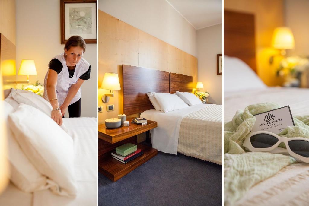 阿斯蒂帕利欧酒店的一位女性在旅馆房间做床