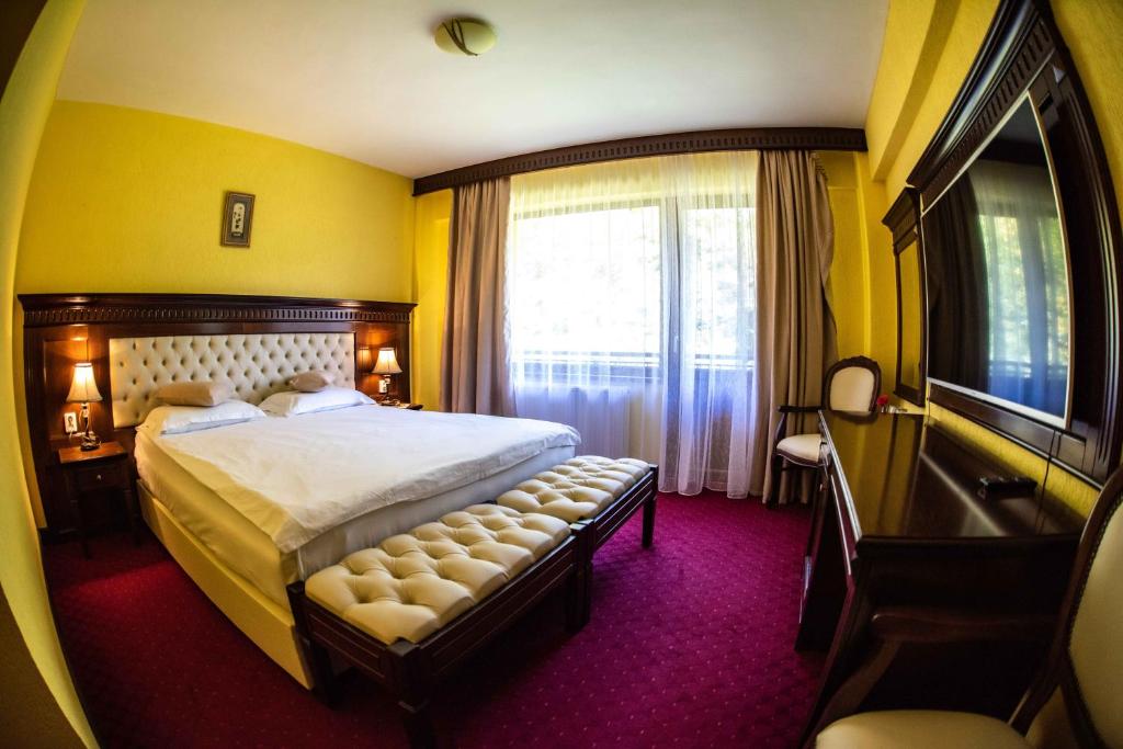 百乐·奥拉内斯蒂Hotel Trei Brazi的一间设有大床和窗户的酒店客房