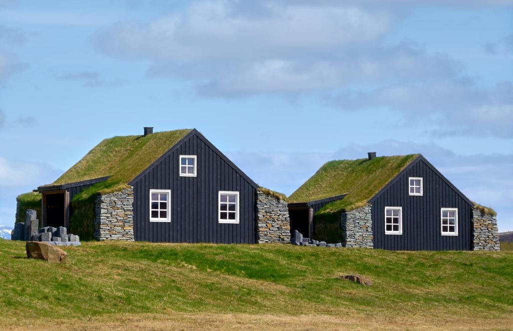 塞尔福斯Torfhús Retreat的山上两座带草屋顶的黑房子