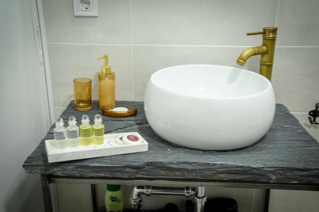 马德里拉拉提纳（卡瓦巴甲30号）公寓的浴室柜台配有一个碗水槽和肥皂瓶