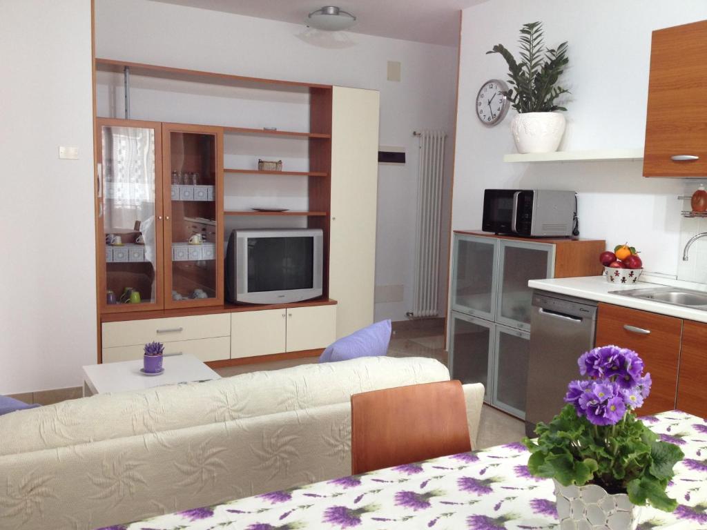 里米尼LA CASA DELLE CONCHIGLIE ombrellone, parcheggio e uso di biciclette gratis的带沙发的客厅和厨房