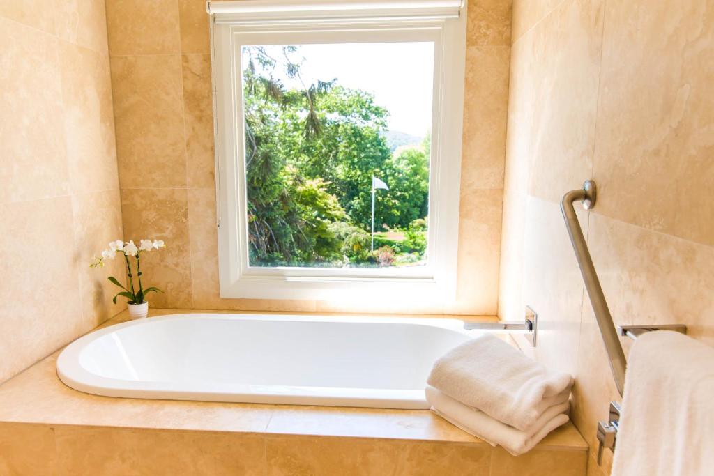 波拉尔佩博斯克雷格本度假酒店的带浴缸的浴室和窗户