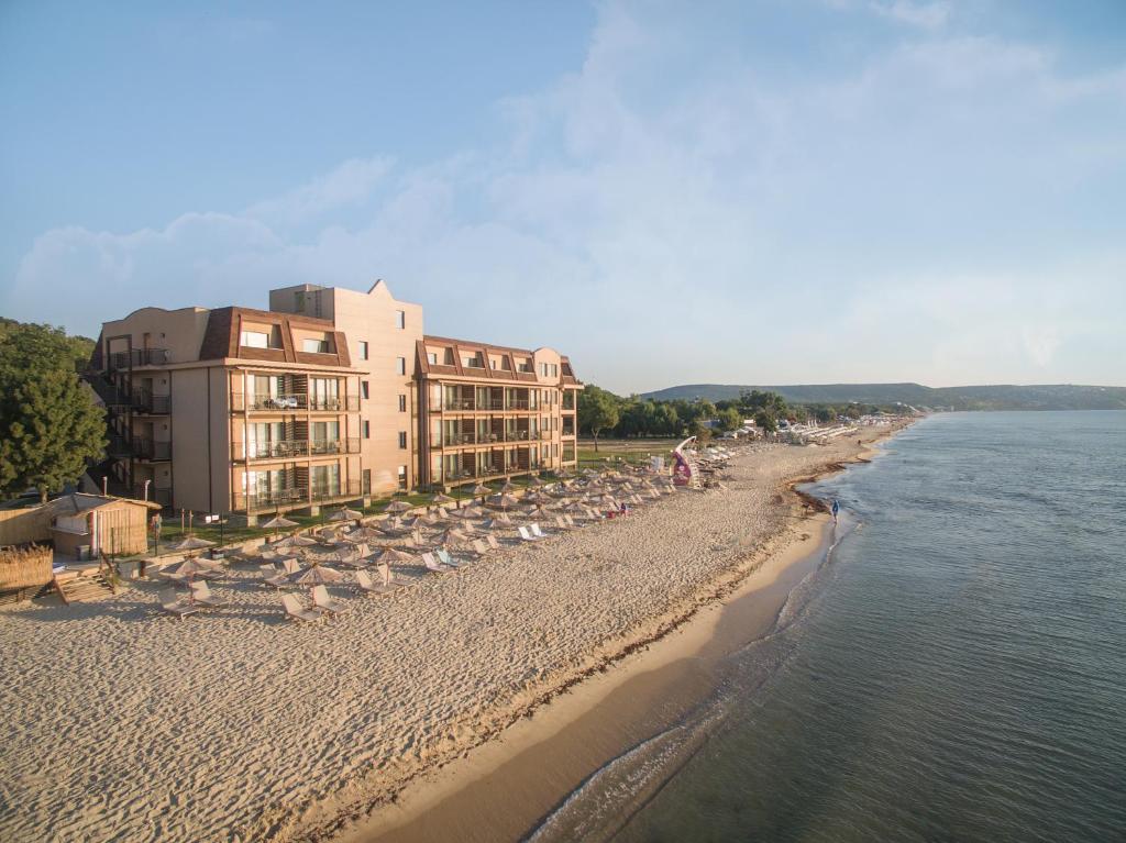 克兰内沃Effect Algara Beach Resort - Ultra All Inclusive and Free Parking的海岸边的海滩上有一座建筑和鸟儿