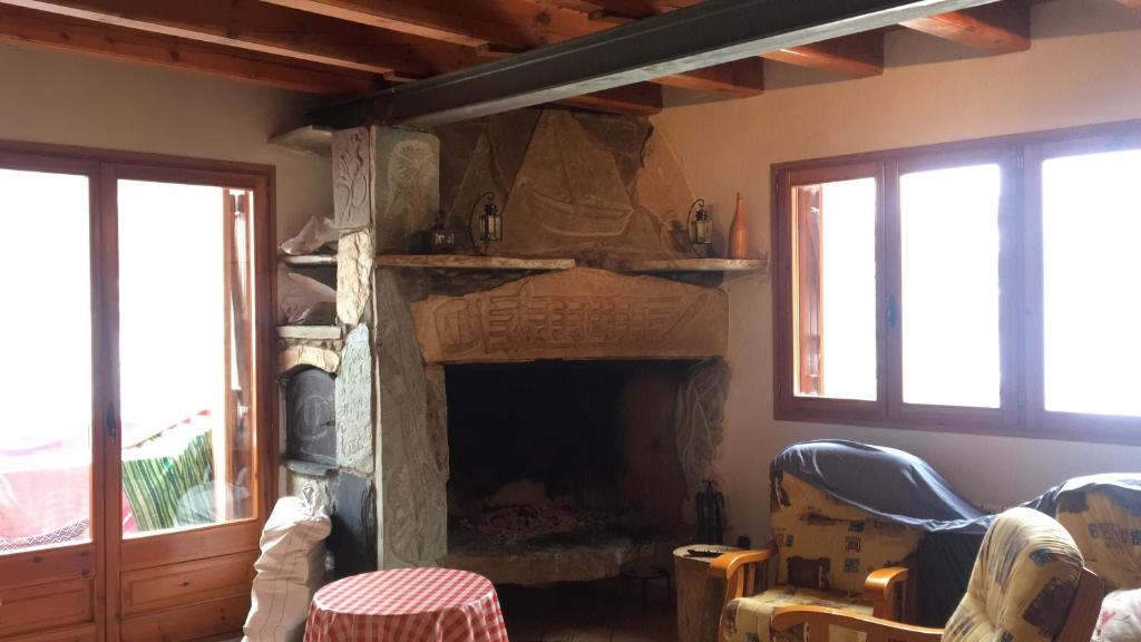 Esterri de CardósCasa Pirineu的客厅设有壁炉和2扇窗户。
