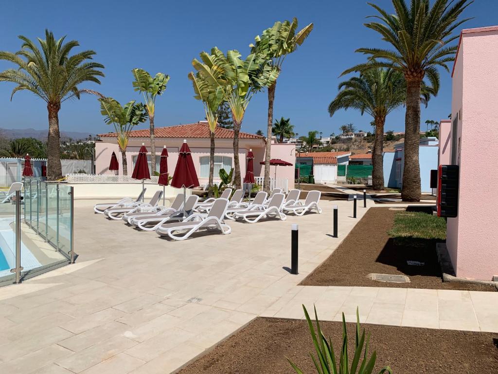 马斯帕洛马斯提萨雅高尔夫公寓的一个带椅子和棕榈树的度假村和游泳池