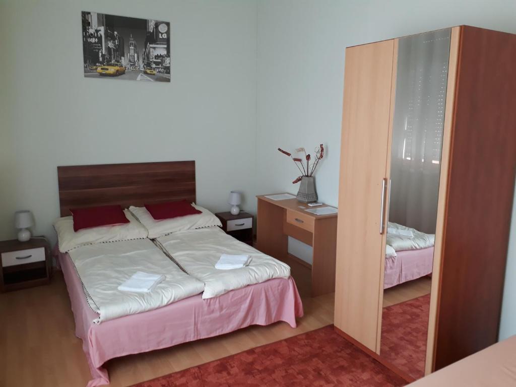 德布勒森Piac utcai Apartman的一间卧室配有一张床和镜子