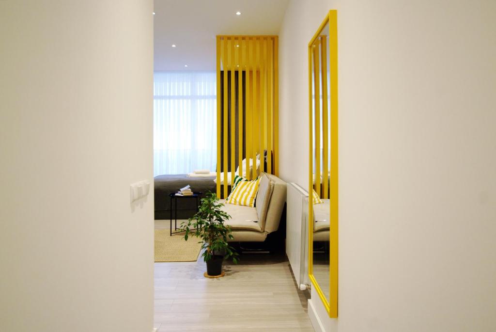 巴统Banana Apartments的客厅配有镜子和沙发