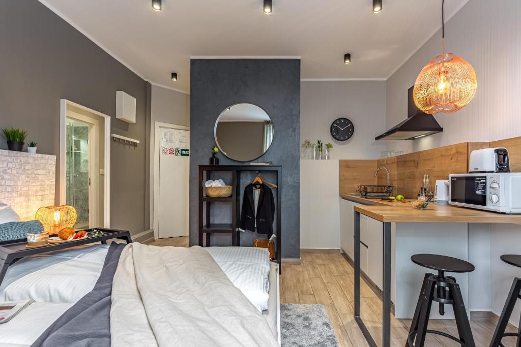 里耶卡Number 1 Apartments Rijeka的厨房以及带床和柜台的起居室。