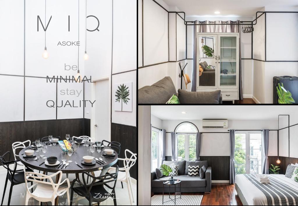 曼谷MIQ Asoke808 Pool Villa - Asoke BTS 16 Pax的客厅和带桌子的用餐室。