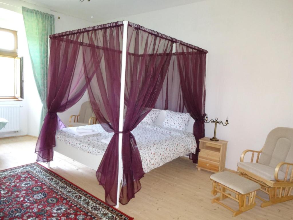 Krompachy卡斯缇尔比拉达玛赛纳瑞缇尔酒店的一间卧室配有一张天蓬床和一把椅子