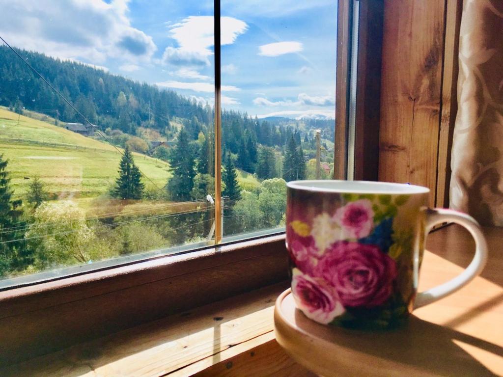 亚布卢尼齐亚U Daryny的坐在窗台上边的咖啡杯,享有美景