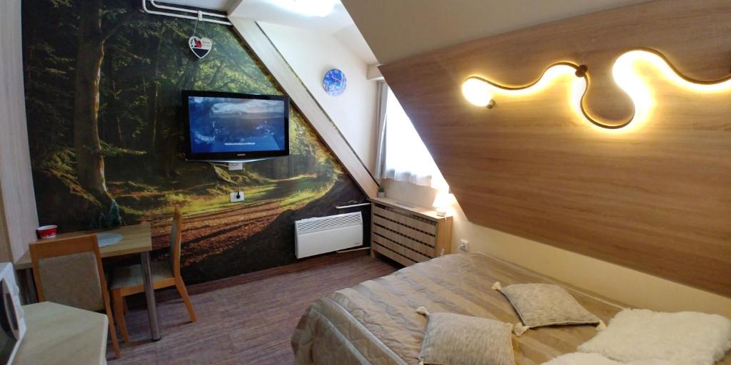 科帕奥尼克Elite Apartment Konaci的客房设有1张床、1台电视和1张桌子。