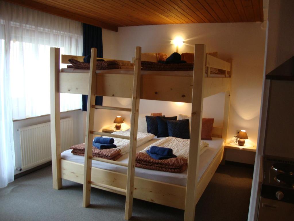 齐勒谷地里德Studio Hochzillertal mit Wellnessbereich的一间卧室配有两张双层床。