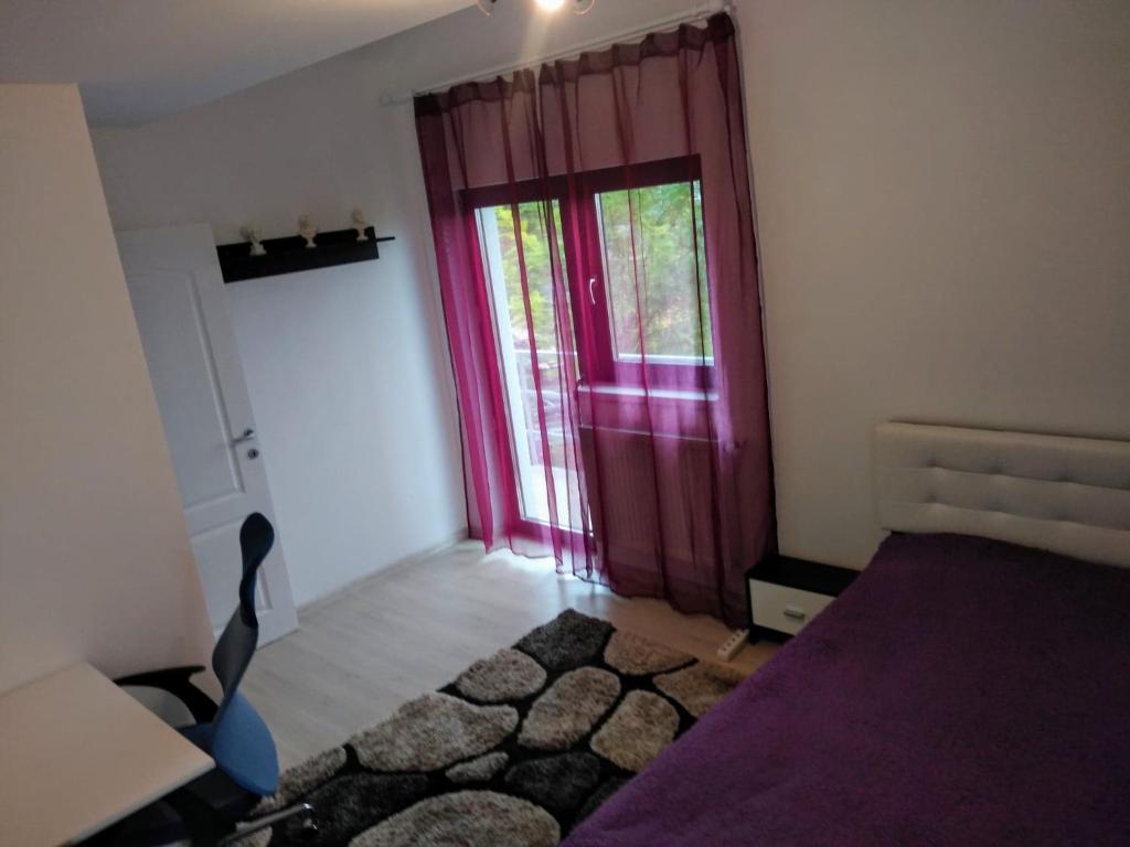 雅西Anastasia's Villa的一间卧室设有紫色的门、一张床和一把椅子