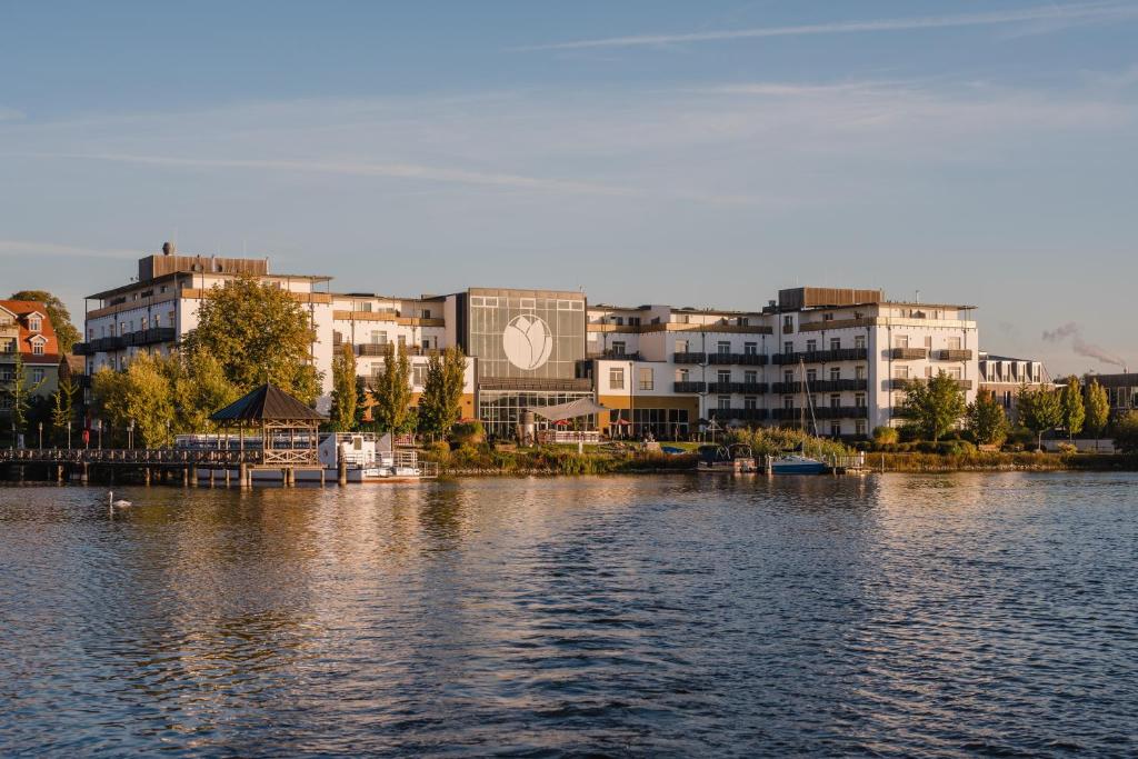 诺伊鲁平Resort Mark Brandenburg & Fontane Therme的享有大片水体和建筑的景色