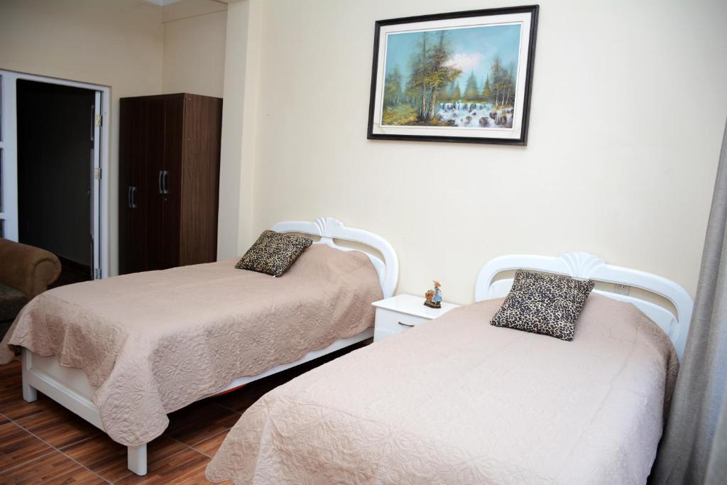 塔里哈Hotel Apartamentos "Dominó"的一间设有两张床的客房,墙上挂着一张照片