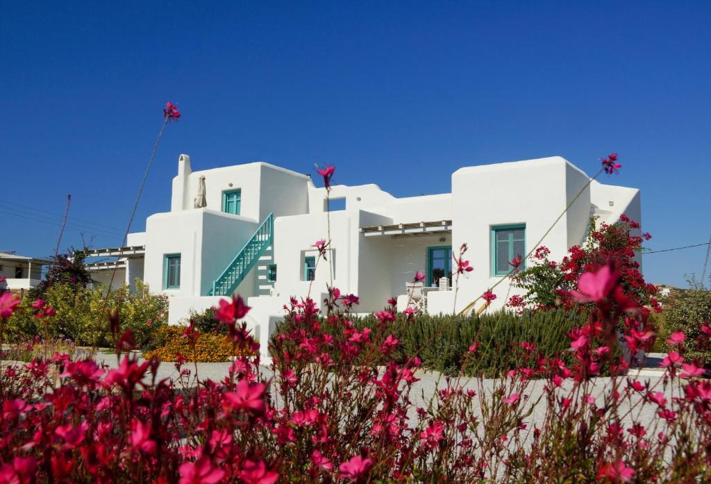 布拉卡Ploes Seaside Houses的前面有粉红色花的白色房子