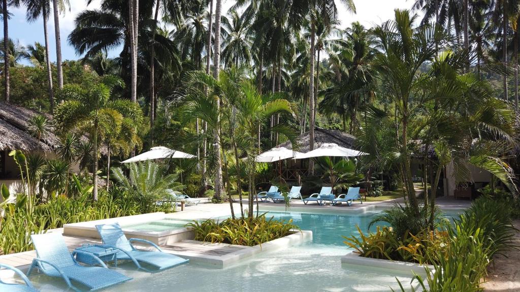 爱妮岛Mahogany Resort & Spa的一个带蓝色椅子和遮阳伞的游泳池,并种植了棕榈树