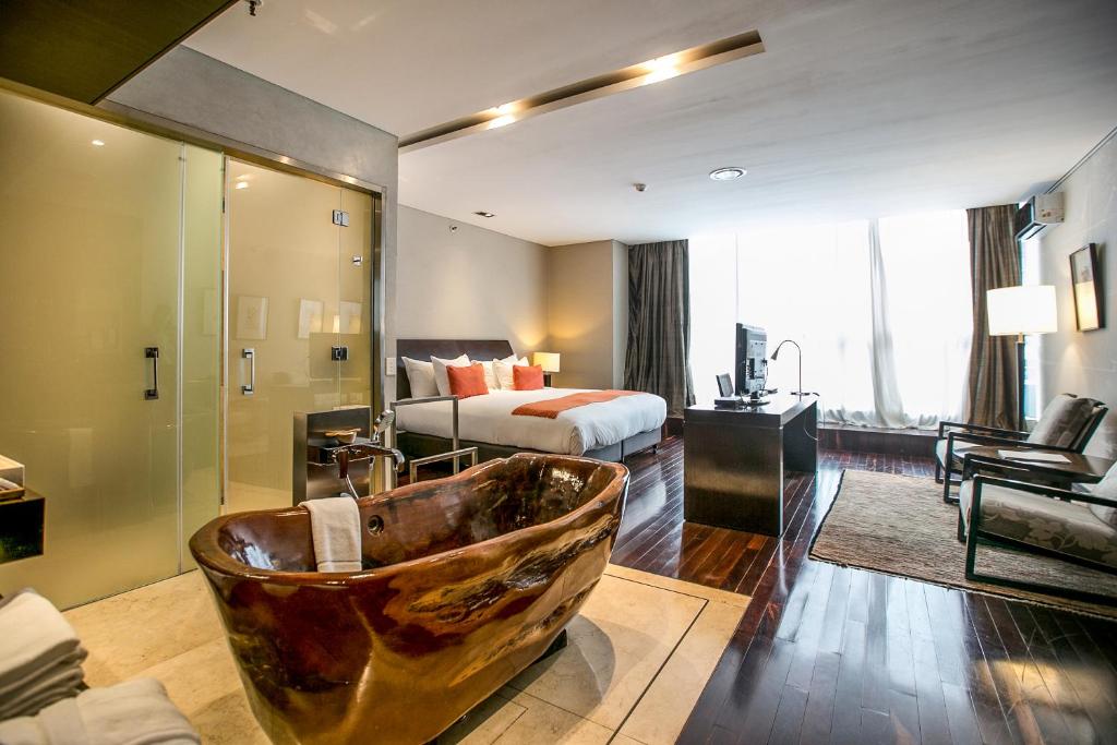 布宜诺斯艾利斯布宜诺斯艾利斯米欧酒店的酒店客房设有带一张床和浴缸的浴室