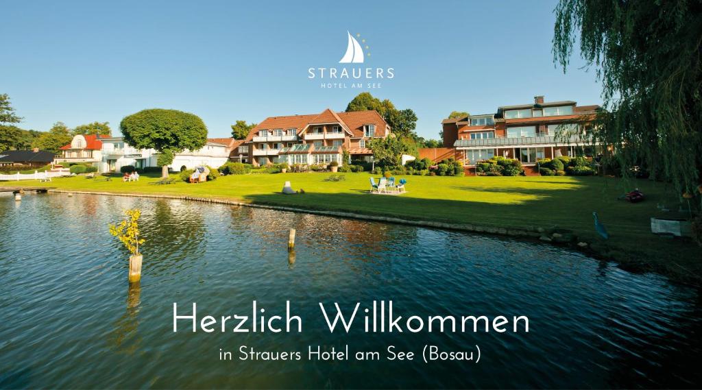 Bosau施特劳尔斯湖滨酒店的湖面画面,背景是房屋