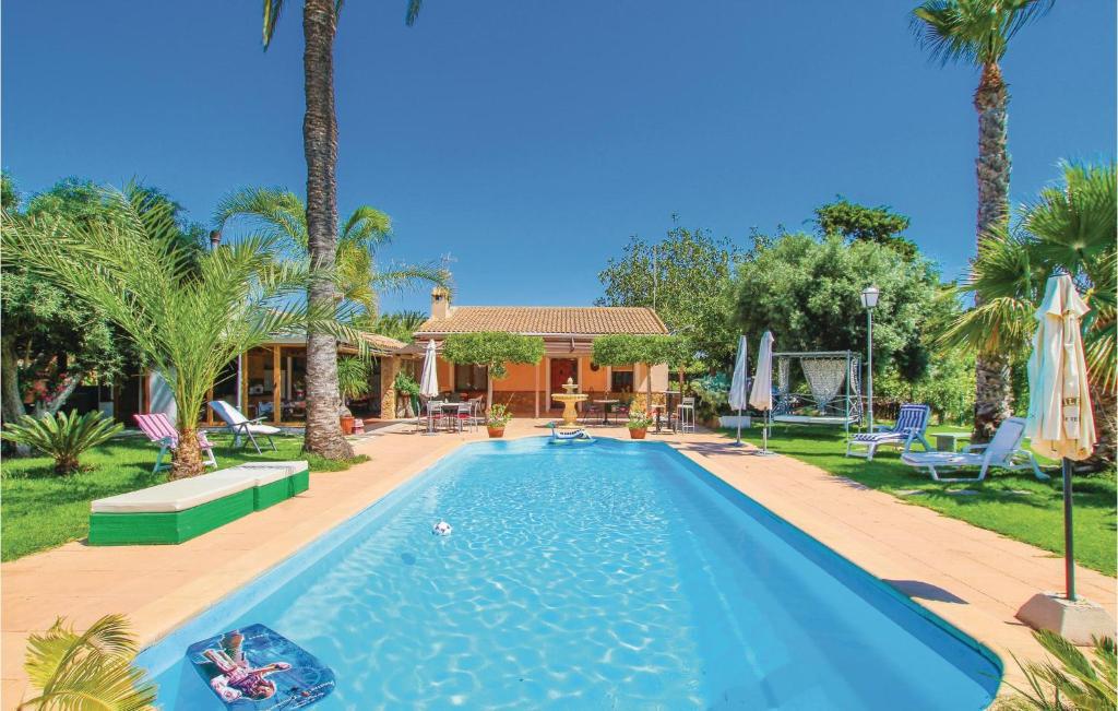 拉马丽娜Lovely Home In La Marina, Elche With Outdoor Swimming Pool的棕榈树庭院内的游泳池