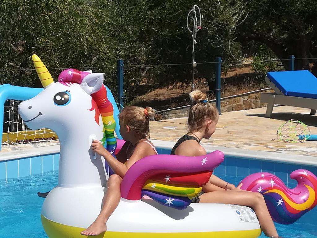 迈索尼Hakuna Matata Holidays 'Agalia' with pool in Greek Olive Grove的两个女孩在游泳池里乘着充气的独角兽