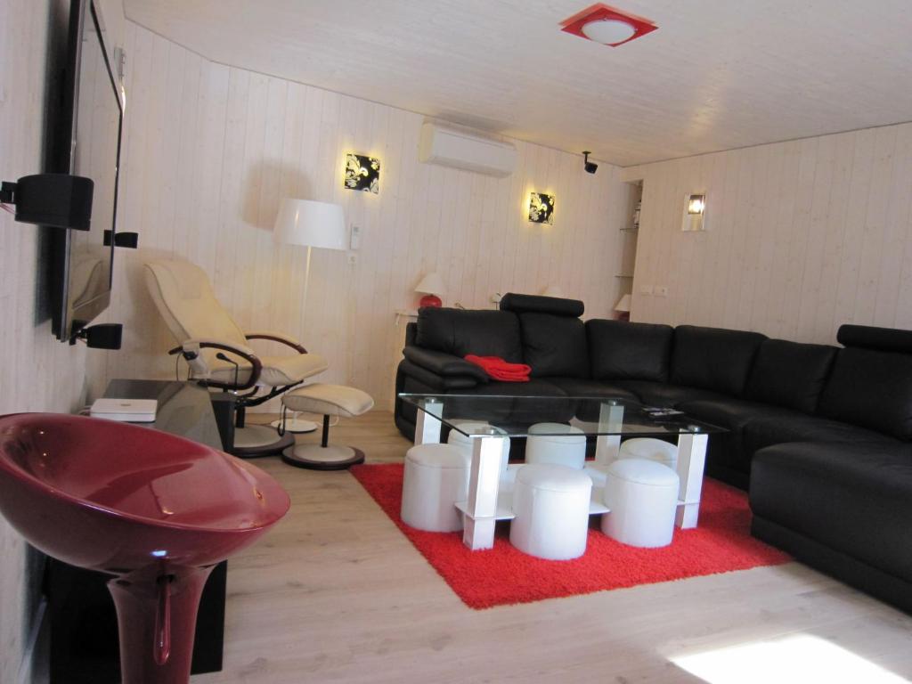 斯帕帕特温泉公寓的客厅配有黑色沙发和红色地毯。