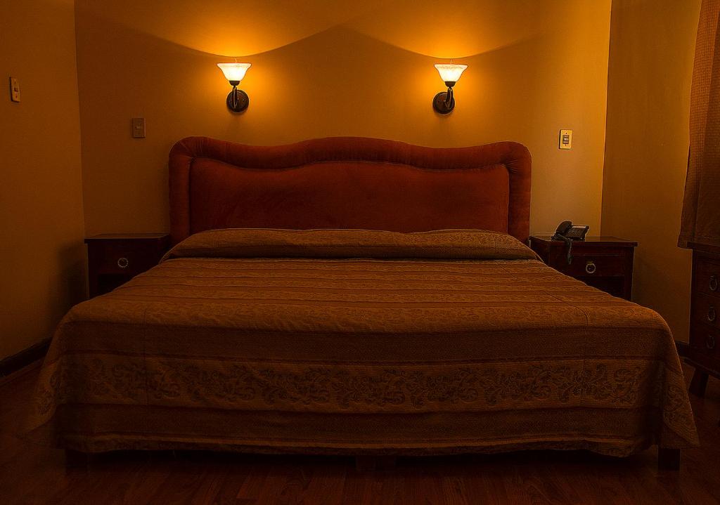 杜兰戈Hotel Roma的卧室配有一张带两盏灯的墙壁床。