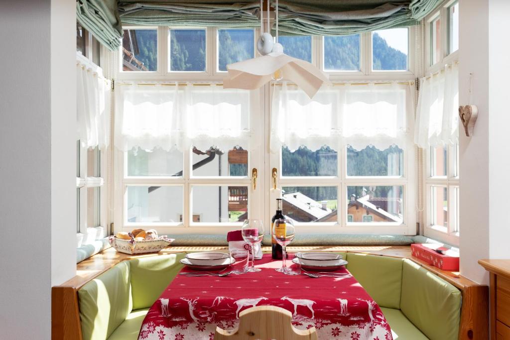 坎皮泰洛Kristiania的一间设有红色桌子和窗户的用餐室