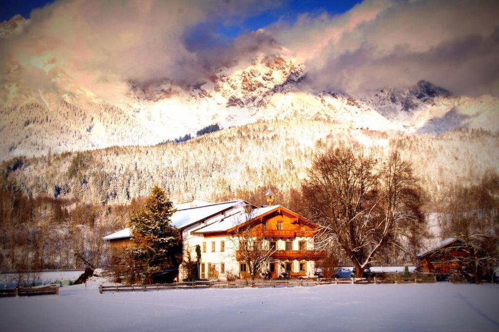 萨菲登安斯泰内嫩米尔恩特尔布劳尔法姆斯里德尔酒店的山前雪中的房子