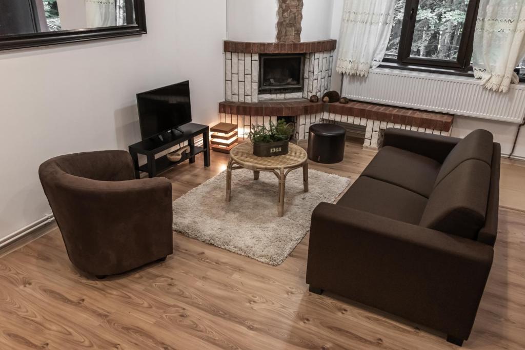 锡纳亚Elatos Luxury Villas Erato的客厅设有两张沙发和一个壁炉