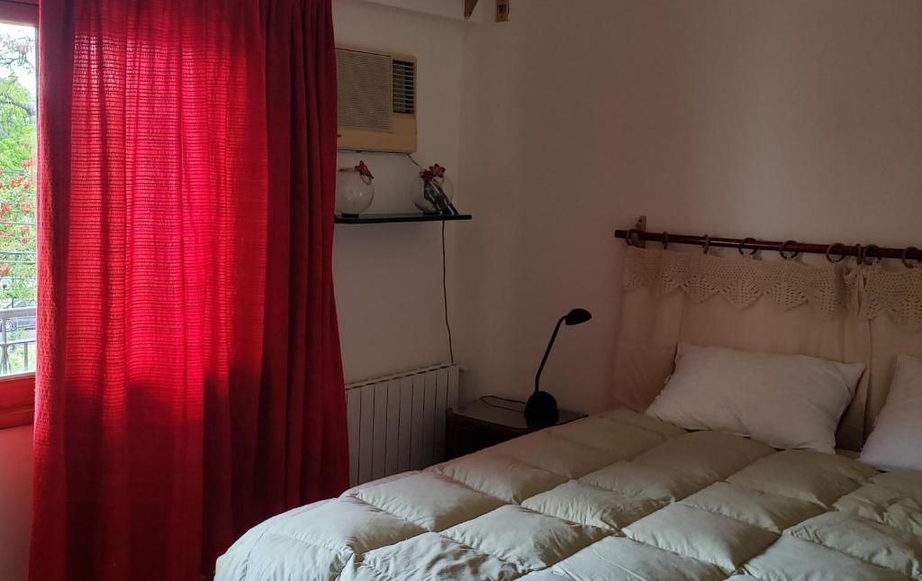 萨尔塔La casa del Paseo的一间卧室配有一张带红色窗帘的床和窗户