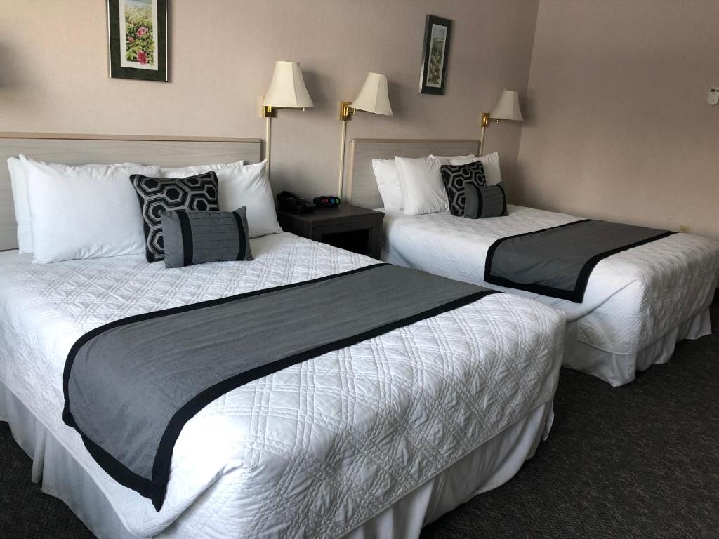 希利德纳里欧若拉汽车旅馆的配有白色和黑色枕头的酒店客房内的两张床