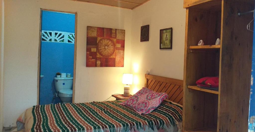 埃尔巴列德安通La Casita de Don Daniel的一间卧室配有床、卫生间和灯