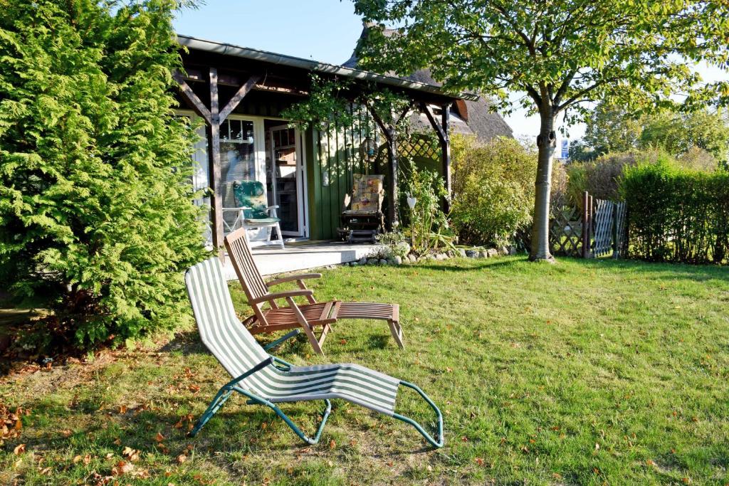 SandortHaus am See的坐在房子前面的草上,两把长椅