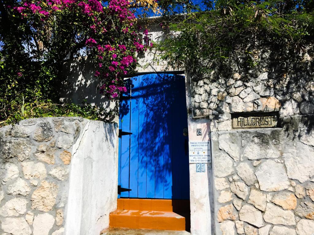 拿骚Hillcrest的石墙中的一扇蓝色门,花粉红色