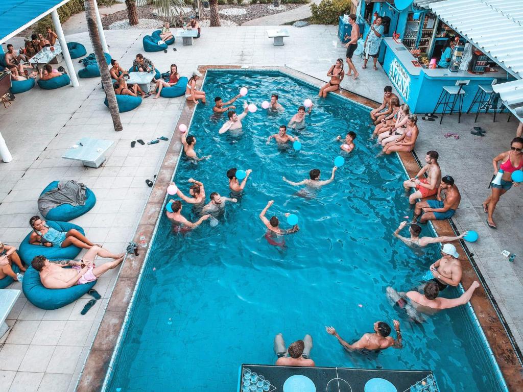 班泰庞安竞技场旅舍的一群人在度假村的游泳池里