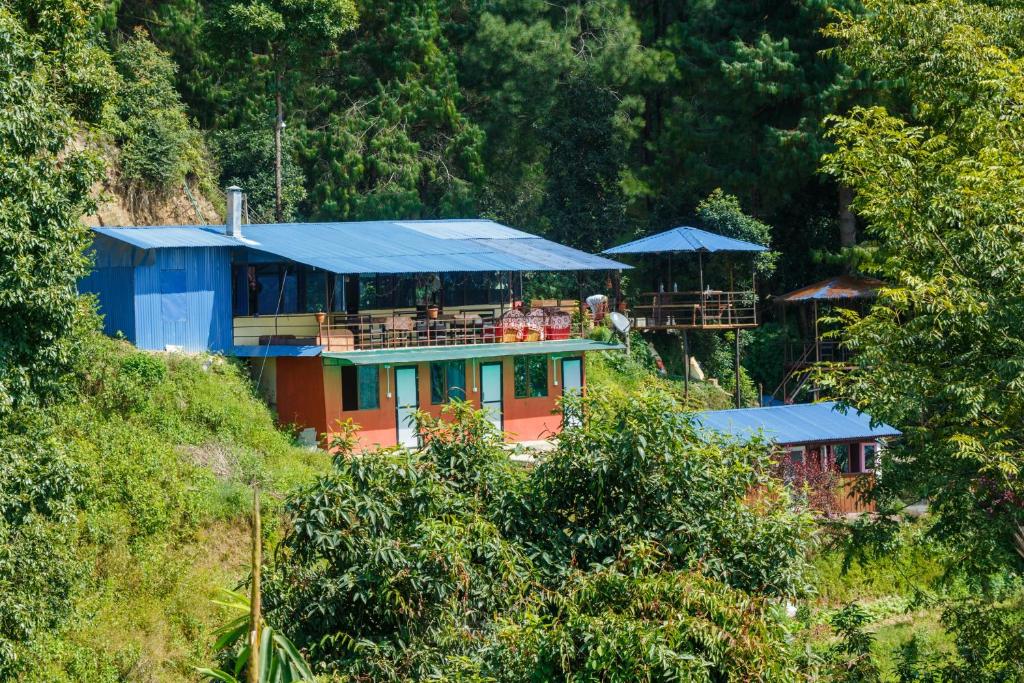纳加阔特Jungle Crown Organic Homestay的山顶上带蓝色屋顶的房子
