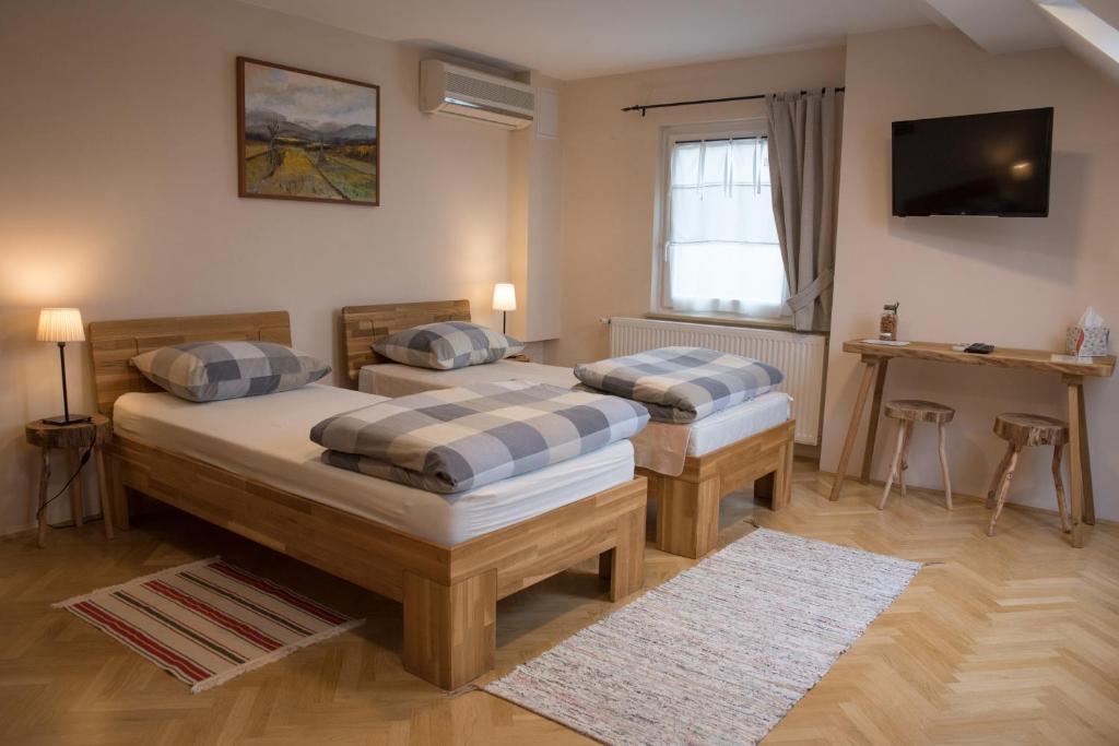 PetrovčeBed & Breakfast Dvorec的一间卧室设有两张床,墙上配有电视。