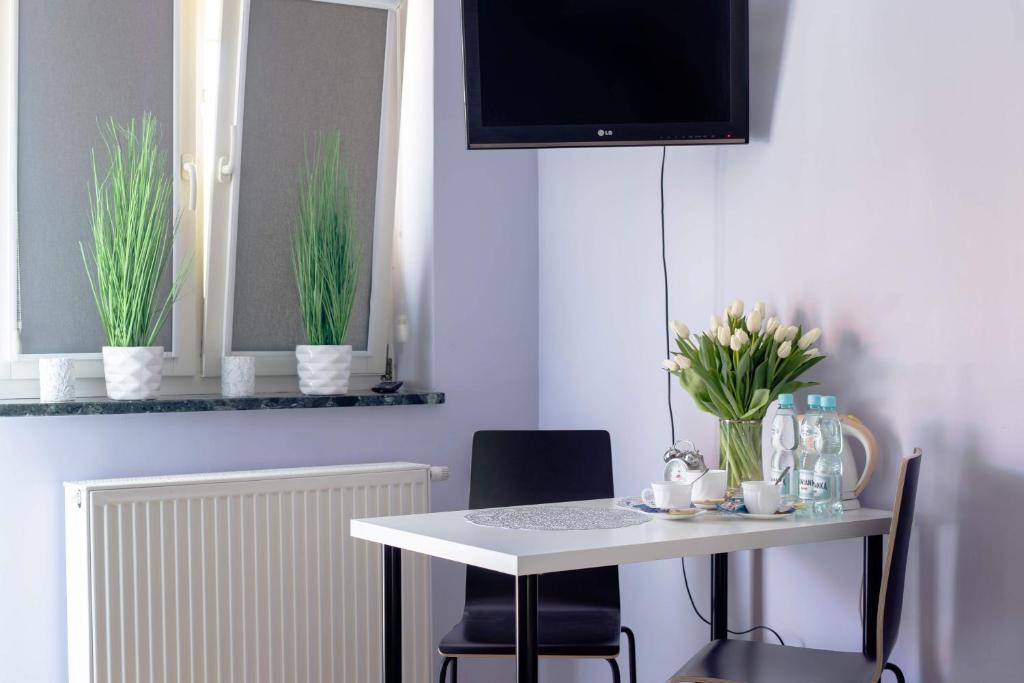 卢布林Agroturystyka Krężniczanka的一张带两把椅子的白色桌子和墙上的电视
