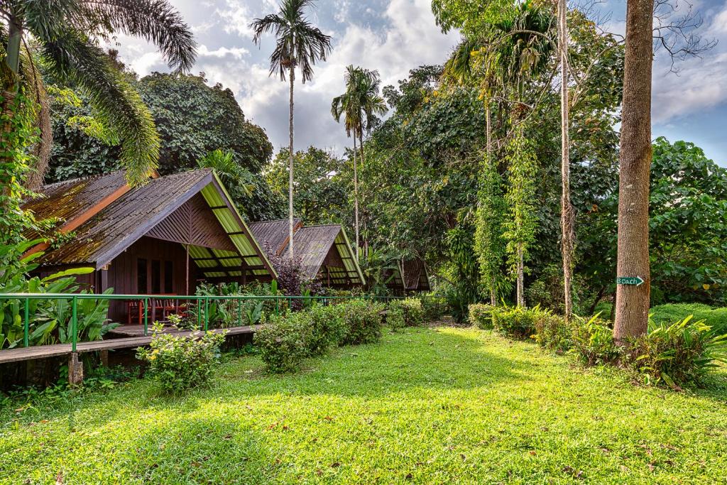 考索Khao Sok Riverside Cottages的一座树木繁茂的院子中的房子