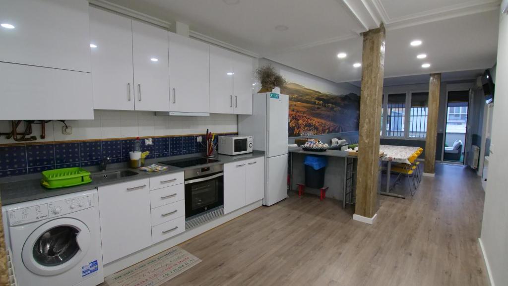 洛格罗尼奥Duquesa 32的厨房配有白色橱柜、洗衣机和烘干机
