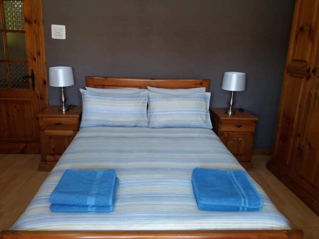 森格莱阿Entire Senglea Seaview Town house的床上有2个蓝色枕头