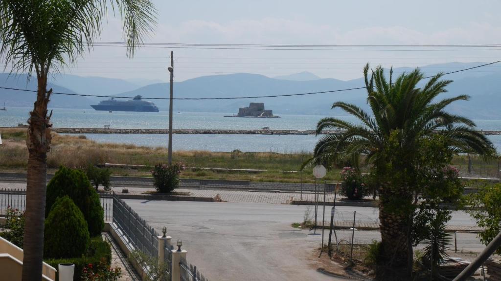 纳夫普利翁Villa with the view of Palamidi and Bourtzi的棕榈树和船只在水中海滩