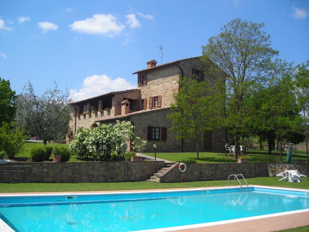 蒙特普齐亚诺Agriturismo Casagrande的大楼前带游泳池的房子