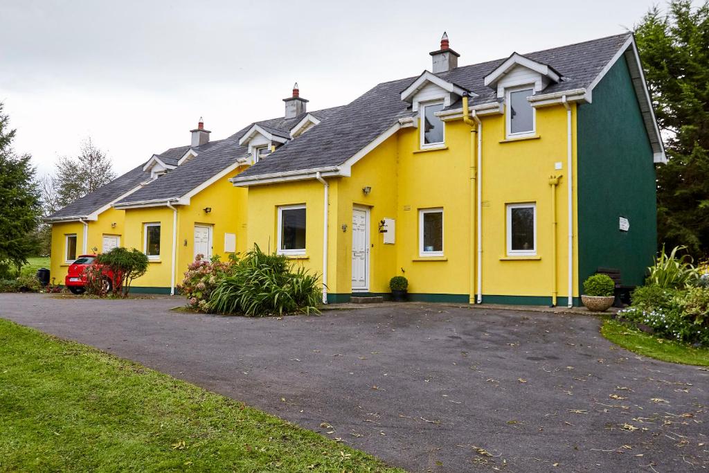GraiguenamanaghMount Brandon Cottages Graiguenamanagh的黄色和绿色的房子,有车道
