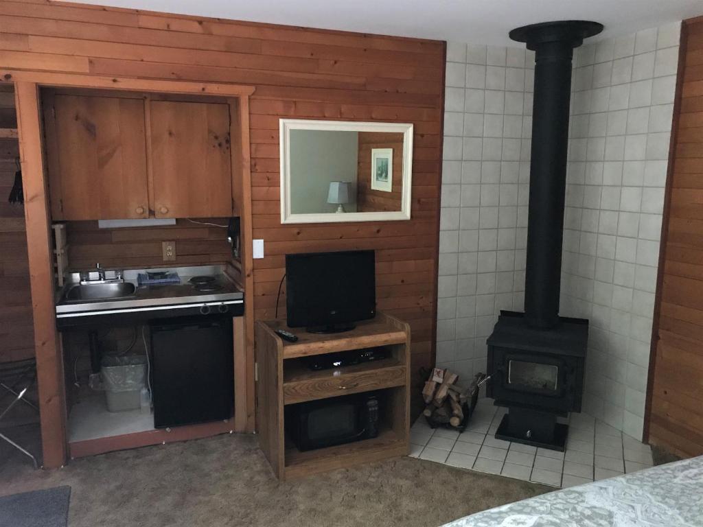Sturdies Bay漂流木村度假酒店的一间带炉灶的厨房和一台电视。