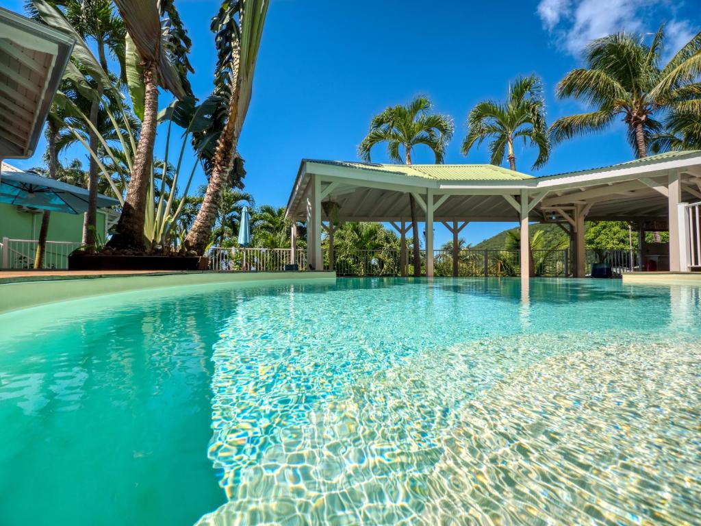德赛Lodge Coco的一个带凉亭和棕榈树的游泳池