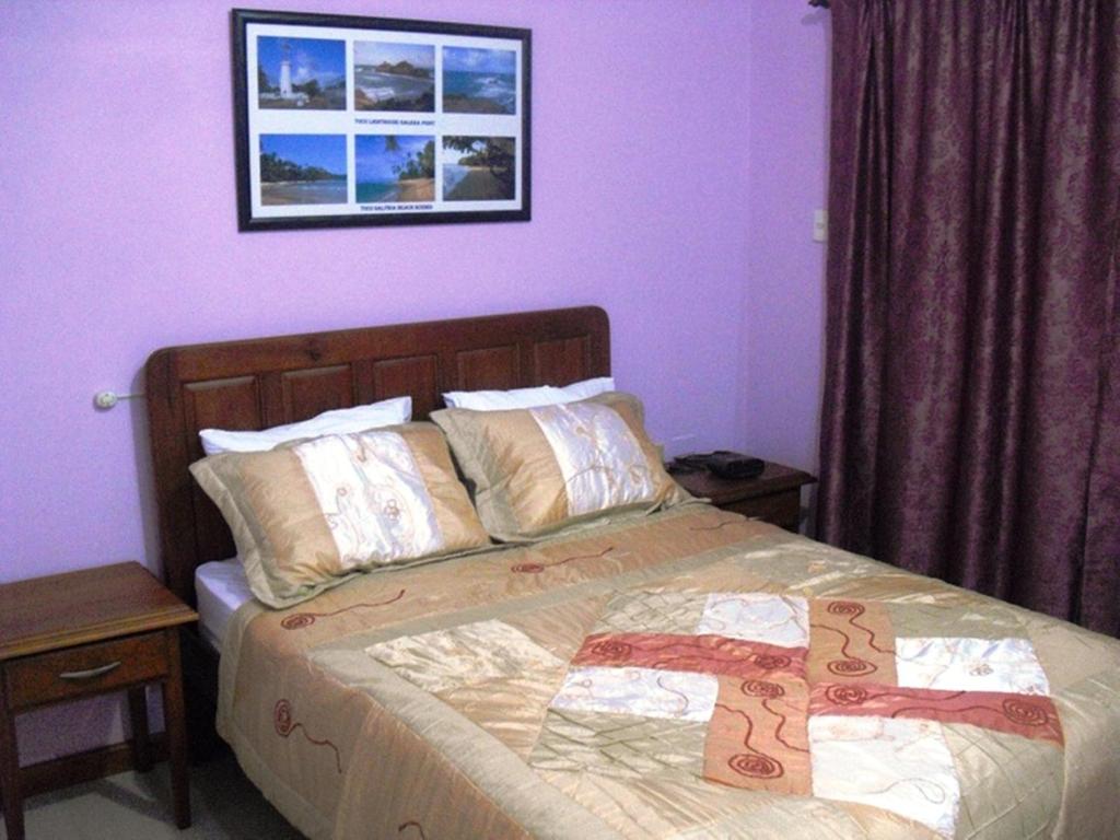 Piarco皮亚尔科乡村住宿加早餐旅馆的一间卧室设有一张紫色墙壁的大床