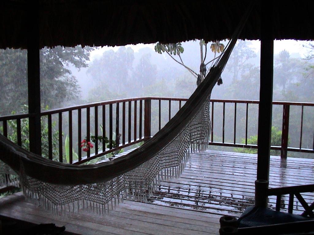 别霍港La Ceiba Reserva Natural的雨中甲板上的吊床